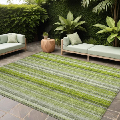 10' X 14' Green Striped Washable Non Skid Indoor Outdoor Area Rug