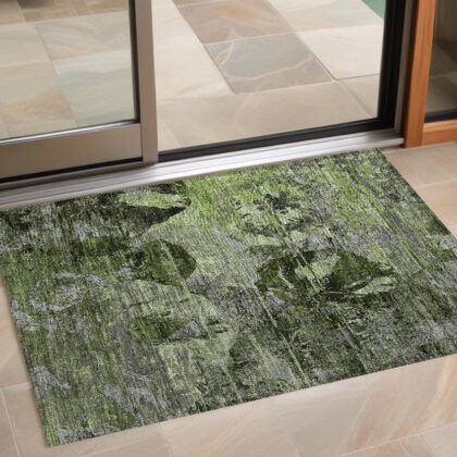 2' X 3' Green and Gray Floral Washable Non Skid Indoor Outdoor Area Rug