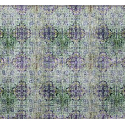 2' X 3' Purple and Green Floral Medallion Washable Non Skid Indoor Outdoor Area Rug