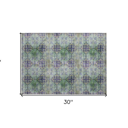 2' X 3' Purple and Green Floral Medallion Washable Non Skid Indoor Outdoor Area Rug