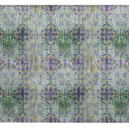 2' X 3' Purple and Green Floral Medallion Washable Non Skid Indoor Outdoor Area Rug