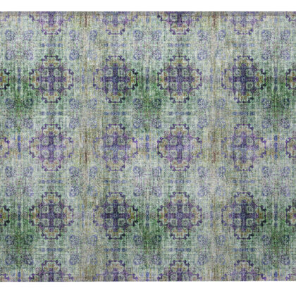 2' X 3' Purple and Green Floral Medallion Washable Non Skid Indoor Outdoor Area Rug