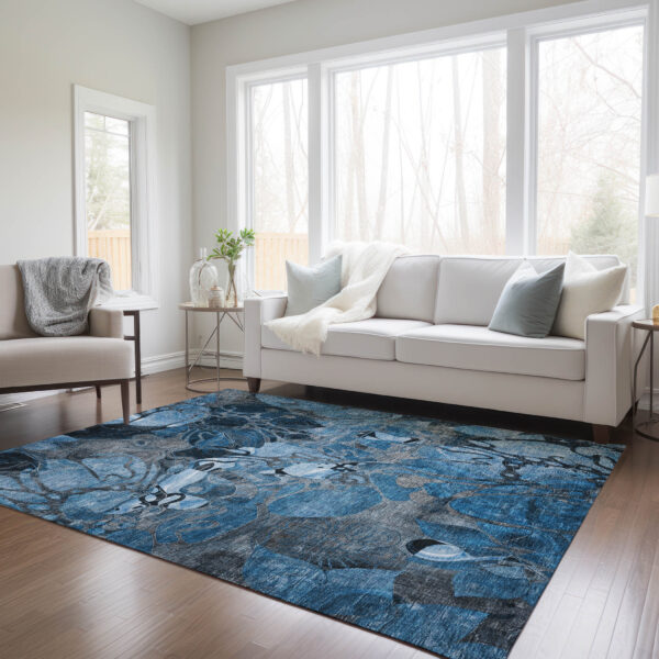 8' X 10' Blue and Gray Abstract Washable Indoor Outdoor Area Rug