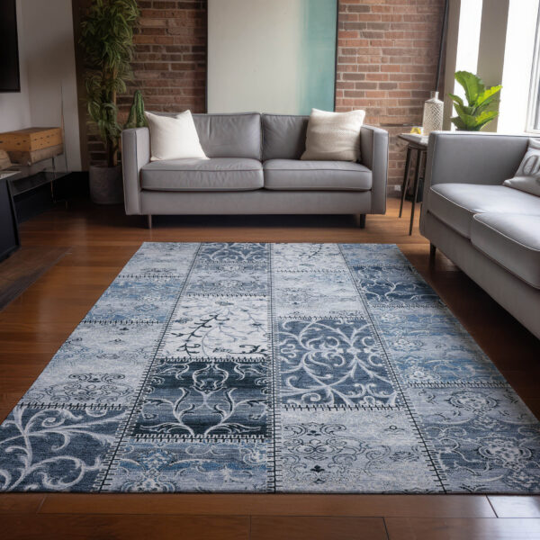 5' X 8' Denim Blue Patchwork Washable Non Skid Indoor Outdoor Area Rug