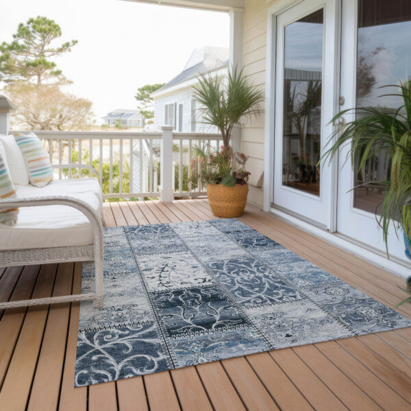 5' X 8' Denim Blue Patchwork Washable Non Skid Indoor Outdoor Area Rug
