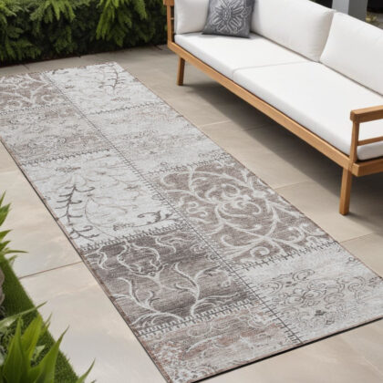 8' Runner Taupe and Ivory Patchwork Washable Non Skid Indoor Outdoor Runner Rug