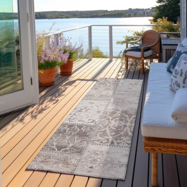 8' Runner Taupe and Ivory Patchwork Washable Non Skid Indoor Outdoor Runner Rug