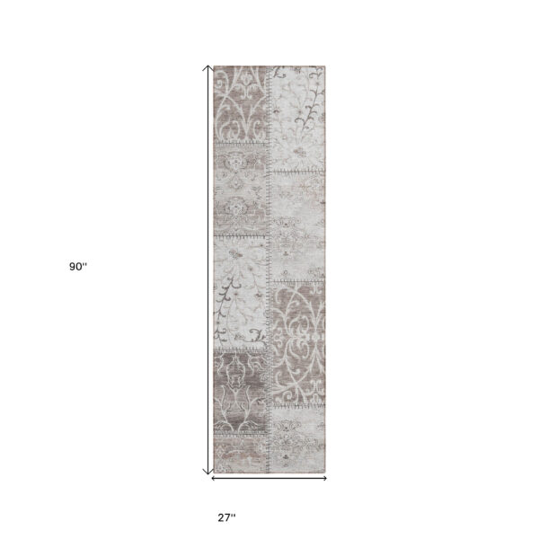 8' Runner Taupe and Ivory Patchwork Washable Non Skid Indoor Outdoor Runner Rug