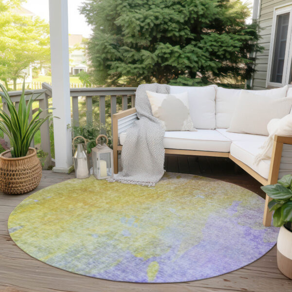 8' Round Blue Gold and Wheat Round Abstract Washable Non Skid Indoor Outdoor Area Rug