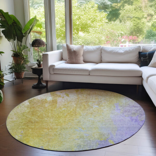8' Round Blue Gold and Wheat Round Abstract Washable Non Skid Indoor Outdoor Area Rug
