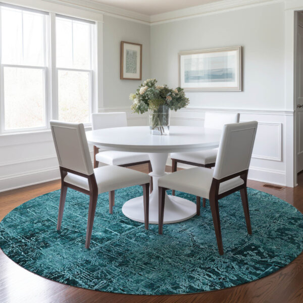 8' Round Teal Round Abstract Washable Non Skid Indoor Outdoor Area Rug