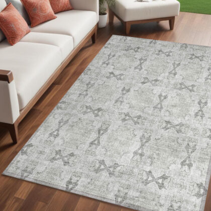 5' X 8' Ivory and Gray Floral Medallion Washable Non Skid Indoor Outdoor Area Rug