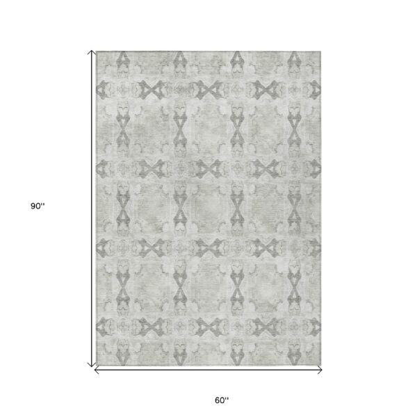 5' X 8' Ivory and Gray Floral Medallion Washable Non Skid Indoor Outdoor Area Rug