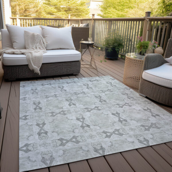 5' X 8' Ivory and Gray Floral Medallion Washable Non Skid Indoor Outdoor Area Rug