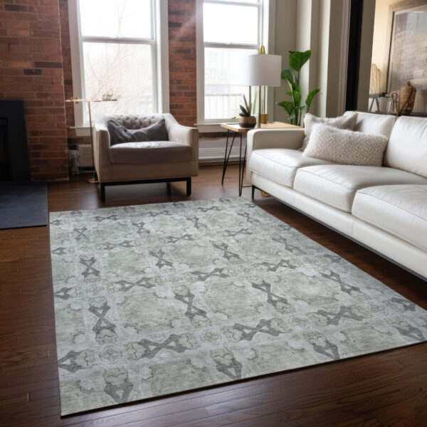 5' X 8' Ivory and Gray Floral Medallion Washable Non Skid Indoor Outdoor Area Rug