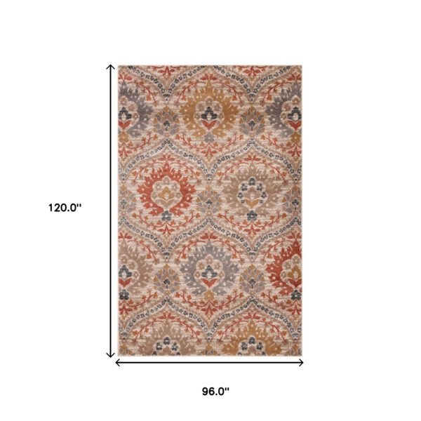 8' X 10' Ivory Orange And Gray Floral Stain Resistant Area Rug