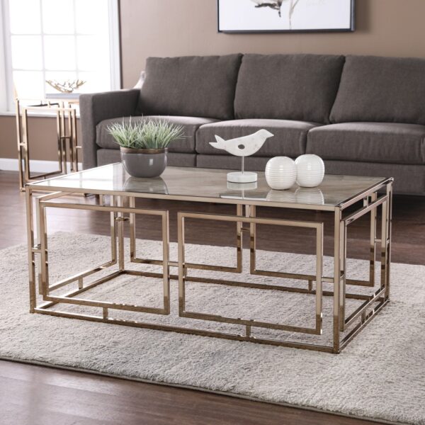44" Champagne Glass And Metal Rectangular Coffee Table