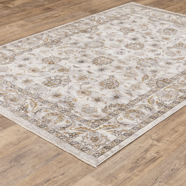 2' X 3' Ivory And Grey Oriental Power Loom Stain Resistant Area Rug With Fringe