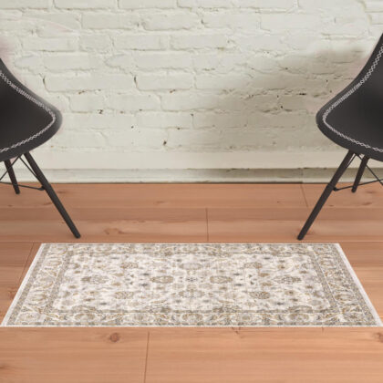 2' X 3' Ivory And Grey Oriental Power Loom Stain Resistant Area Rug With Fringe