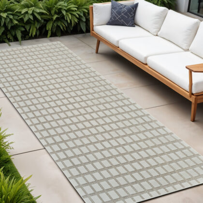 10' Cream and Beige Geometric Distressed Indoor Outdoor Runner Rug