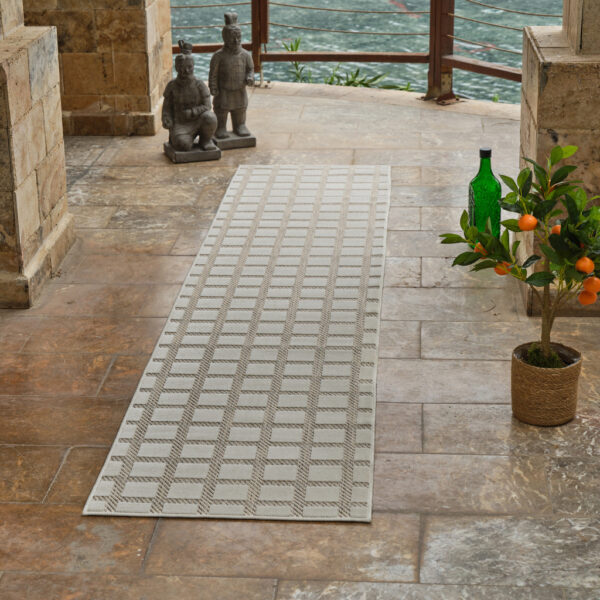 10' Cream and Beige Geometric Distressed Indoor Outdoor Runner Rug