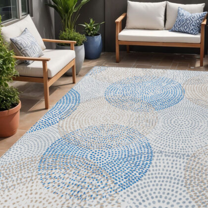 5' X 8' Ivory Blue And Taupe Polka Dot Washable Indoor Outdoor Area Rug