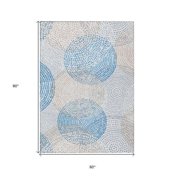5' X 8' Ivory Blue And Taupe Polka Dot Washable Indoor Outdoor Area Rug