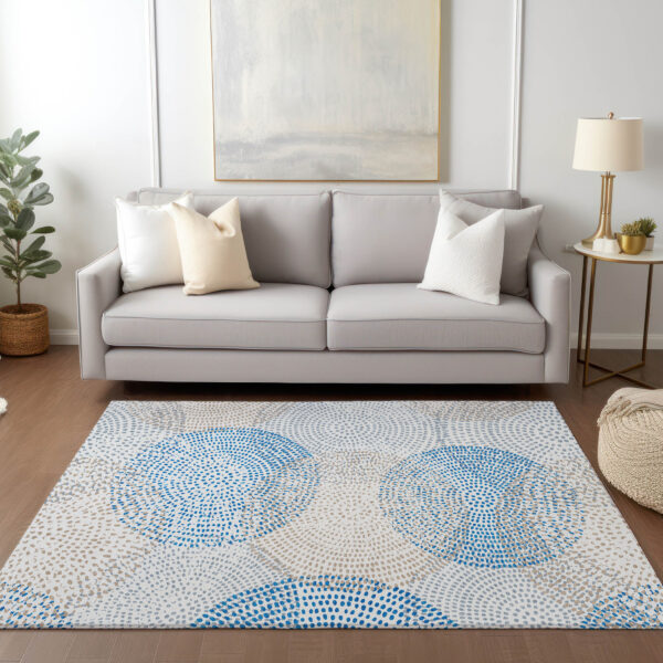 5' X 8' Ivory Blue And Taupe Polka Dot Washable Indoor Outdoor Area Rug
