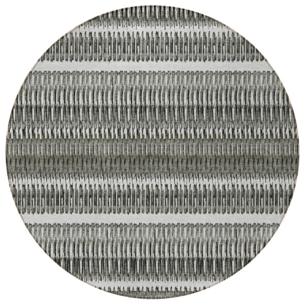 8' Gray Charcoal And Ivory Round Striped Washable Indoor Outdoor Area Rug