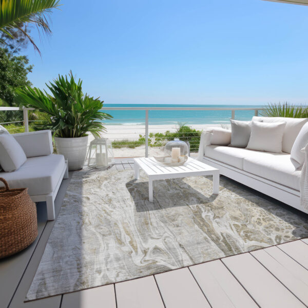 9' X 12' Taupe Beige And Ivory Abstract Washable Indoor Outdoor Area Rug