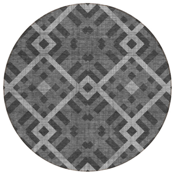 8' Charcoal Gray And Silver Round Geometric Washable Indoor Outdoor Area Rug