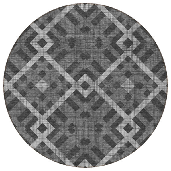 8' Charcoal Gray And Silver Round Geometric Washable Indoor Outdoor Area Rug
