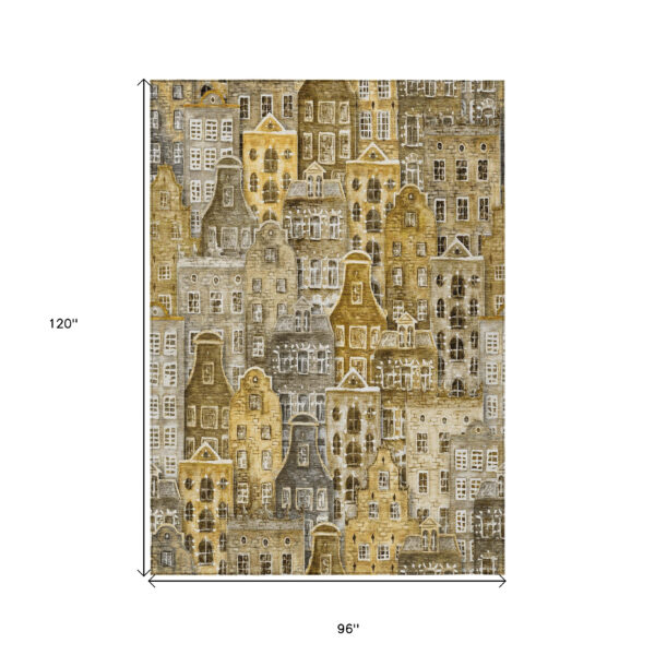 8' X 10' Brown Taupe And Gold Village Houses Washable Indoor Outdoor Area Rug