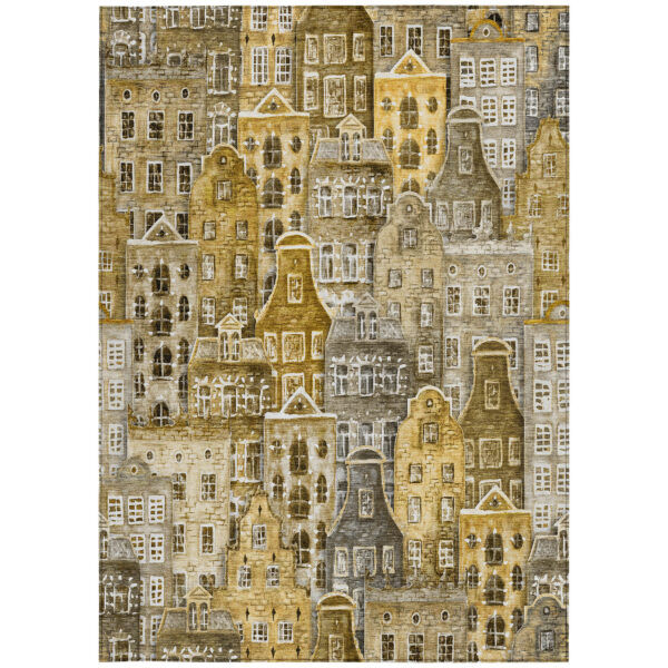 8' X 10' Brown Taupe And Gold Village Houses Washable Indoor Outdoor Area Rug