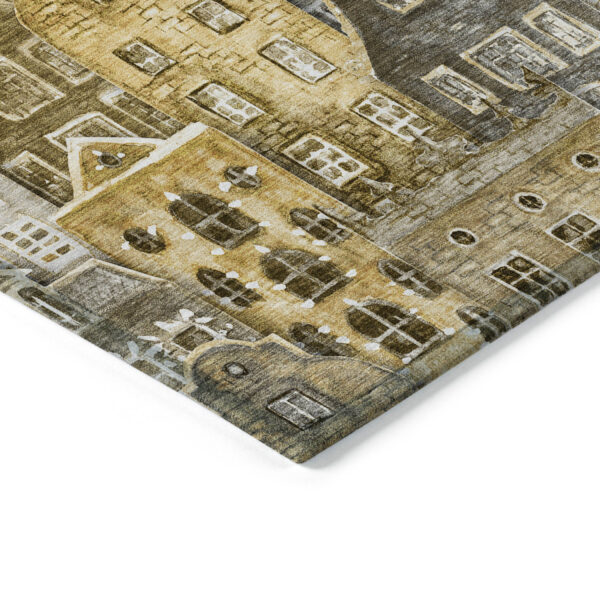 8' X 10' Brown Taupe And Gold Village Houses Washable Indoor Outdoor Area Rug
