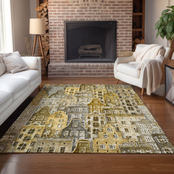 8' X 10' Brown Taupe And Gold Village Houses Washable Indoor Outdoor Area Rug