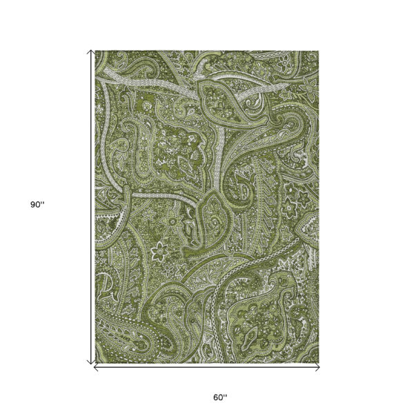 5' X 8' Artichoke Green And Olive Green Paisley Washable Indoor Outdoor Area Rug