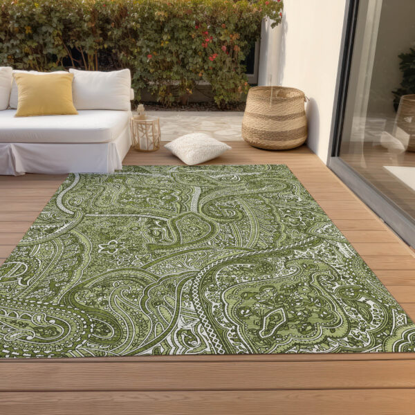 5' X 8' Artichoke Green And Olive Green Paisley Washable Indoor Outdoor Area Rug