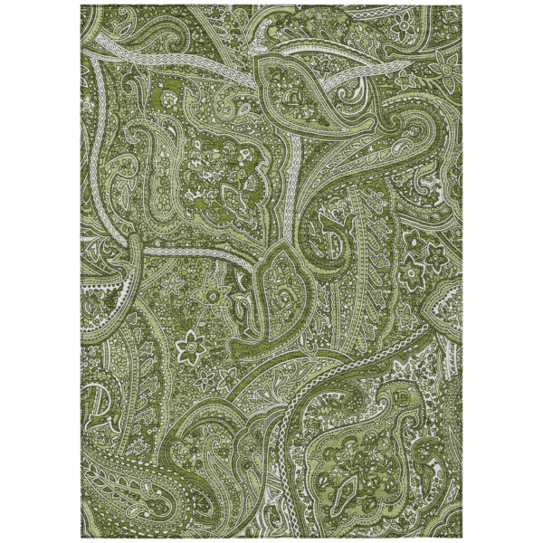 5' X 8' Artichoke Green And Olive Green Paisley Washable Indoor Outdoor Area Rug