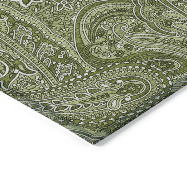 5' X 8' Artichoke Green And Olive Green Paisley Washable Indoor Outdoor Area Rug