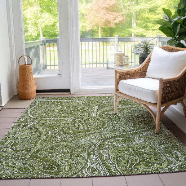 5' X 8' Artichoke Green And Olive Green Paisley Washable Indoor Outdoor Area Rug