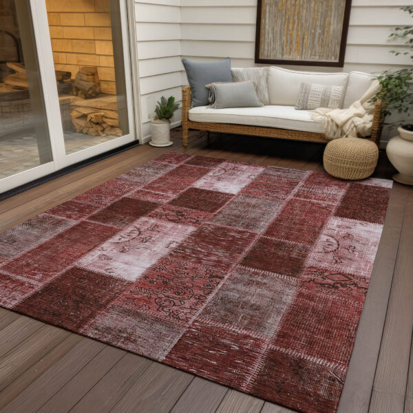 8' X 10' Burgundy Merlot And Blush Patchwork Washable Indoor Outdoor Area Rug