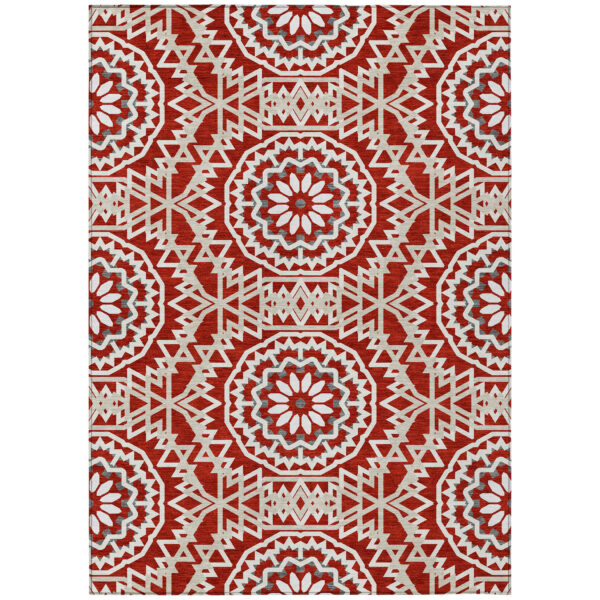 9' X 12' Red Beige And Ivory Floral Medallion Washable Indoor Outdoor Area Rug