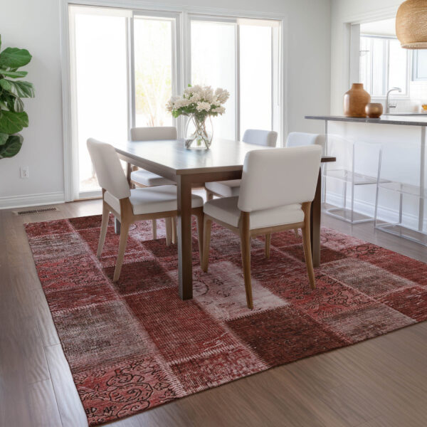 8' X 10' Burgundy Merlot And Blush Patchwork Washable Indoor Outdoor Area Rug