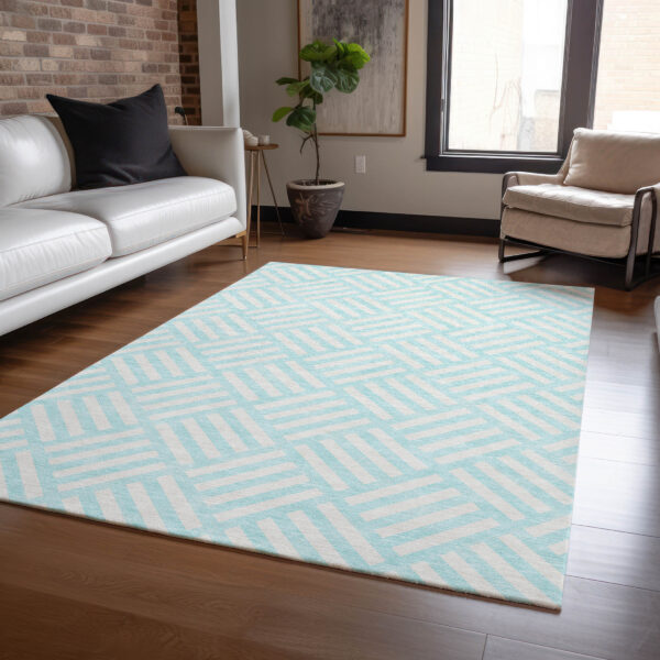 8' X 10' Aqua And Ivory Geometric Washable Indoor Outdoor Area Rug
