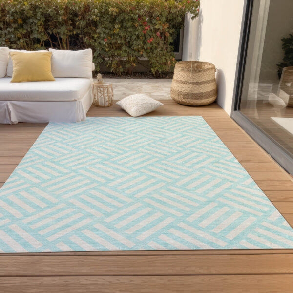 8' X 10' Aqua And Ivory Geometric Washable Indoor Outdoor Area Rug