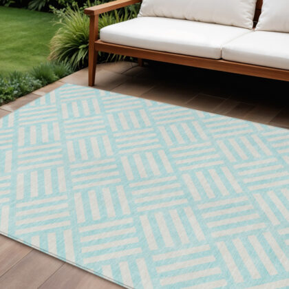 8' X 10' Aqua And Ivory Geometric Washable Indoor Outdoor Area Rug