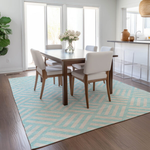 8' X 10' Aqua And Ivory Geometric Washable Indoor Outdoor Area Rug