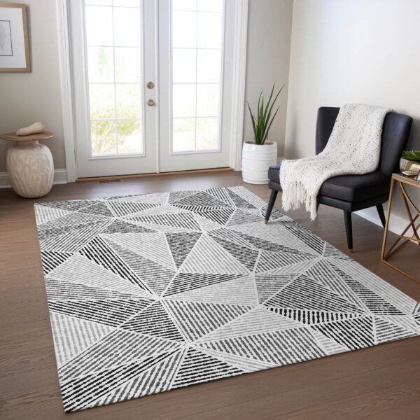 3' X 5' Pewter Charcoal And Gray Geometric Washable Indoor Outdoor Area Rug