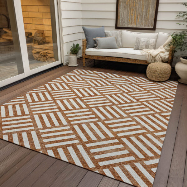 3' X 5' Orange And Ivory Geometric Washable Indoor Outdoor Area Rug